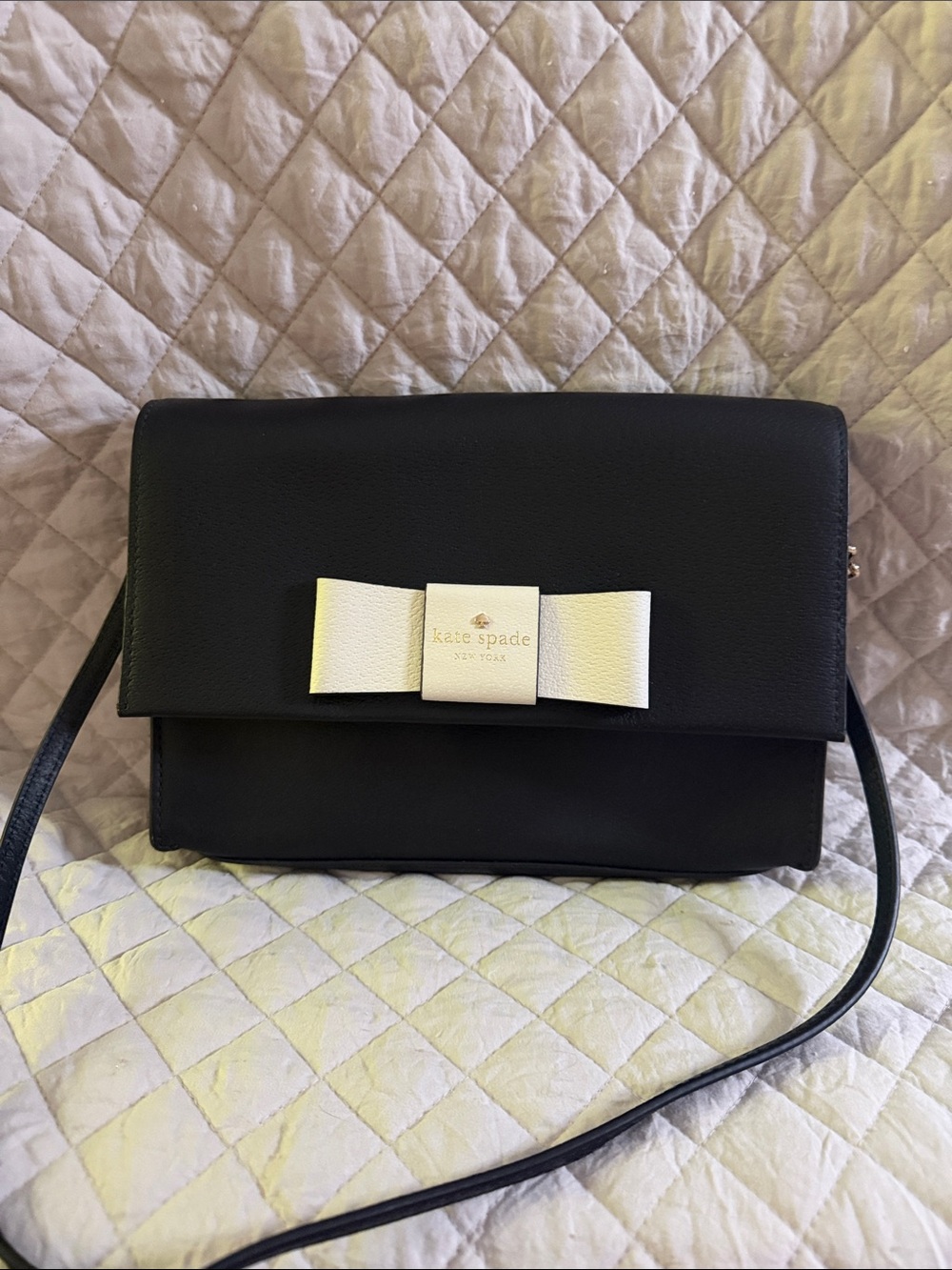 kate spade Black Crossbody with Cream Bow Accent and Gold Logo